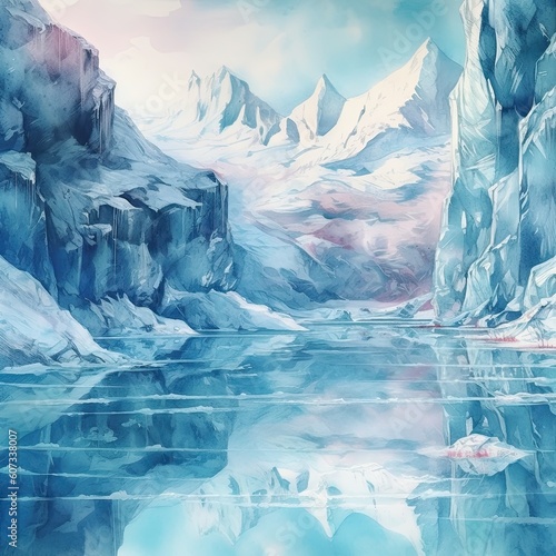 Cracks on the surface of the blue ice. Frozen lake in winter mountains. Generative AI