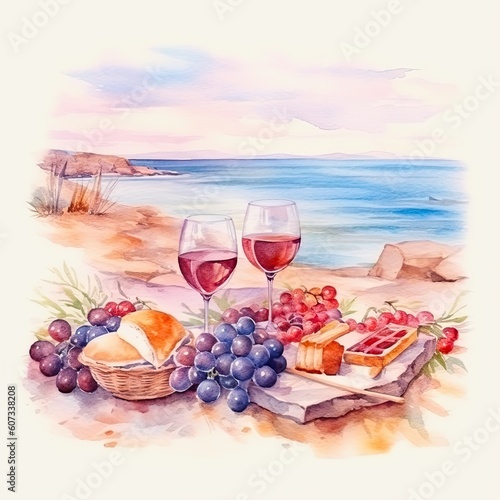 Summer picnic on the beach. Two glasses of rose wine, camembert cheese, fruits. Generative AI