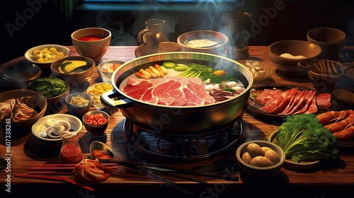 Shabu-shabu tasty meal background. Delicious food. Generative AI