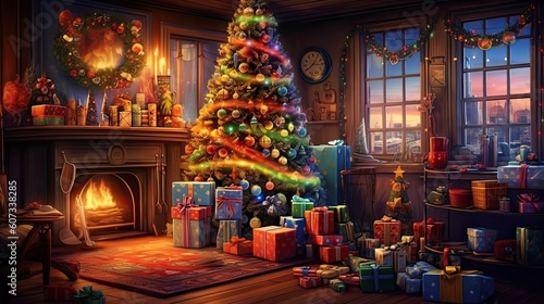 Interior christmas. Magic glowing tree, fireplace and gifts. Generative AI photo