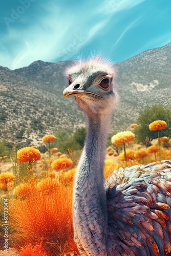 Ostrich in nature at mountain valley. Generative AI