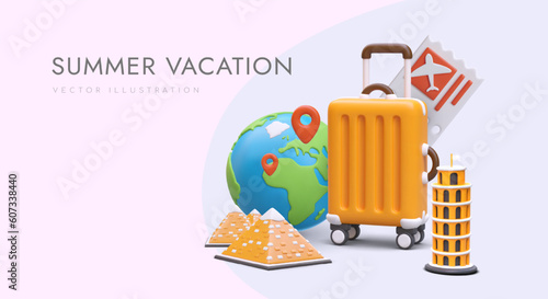 Bright summer vacation. Trips to places of interest. Visiting different countries. Excursions to world monuments. Booking tickets online. Banner for advertising tourist services. Ticket sales site