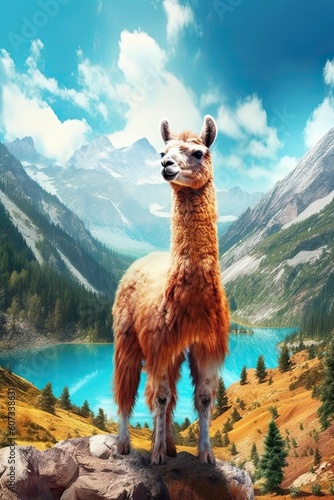 Lama in nature at mountain valley. Generative AI