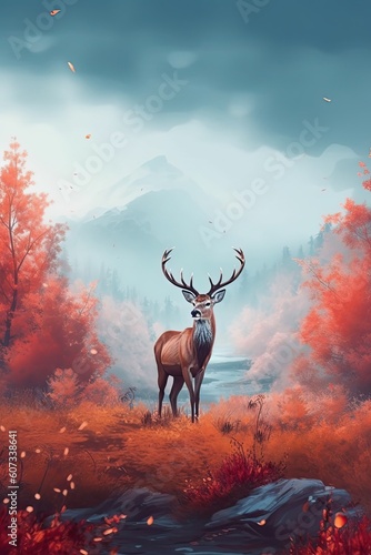Deer in nature at mountain valley. Generative AI © tanyastock