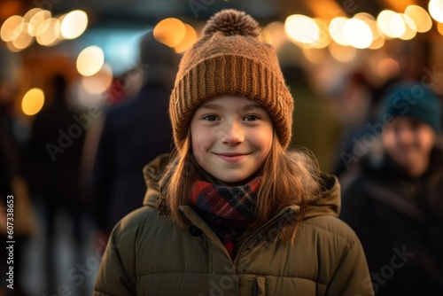 Environmental portrait photography of a satisfied kid female wearing a warm beanie or knit hat against a bustling art fair background. With generative AI technology