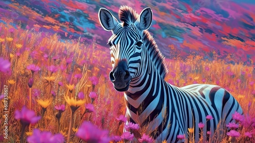 Zebra in field of wild flowers. Generative AI