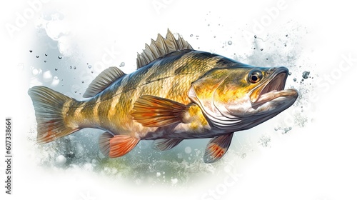 Zander fish. Pike perch river fish jumping out of water. Isolated on white background. Generative AI photo