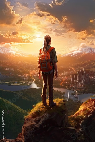 Hipster young girl with backpack enjoying sunset on peak mountain. Generative AI