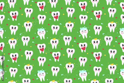 Funny green seamless pattern of cute snow white happy tooth, crying and sick moody tooth with hearts and cleaning. Cartoon characters in flat design. Kawaii teeth characters for kids babies for print © Olga Voron