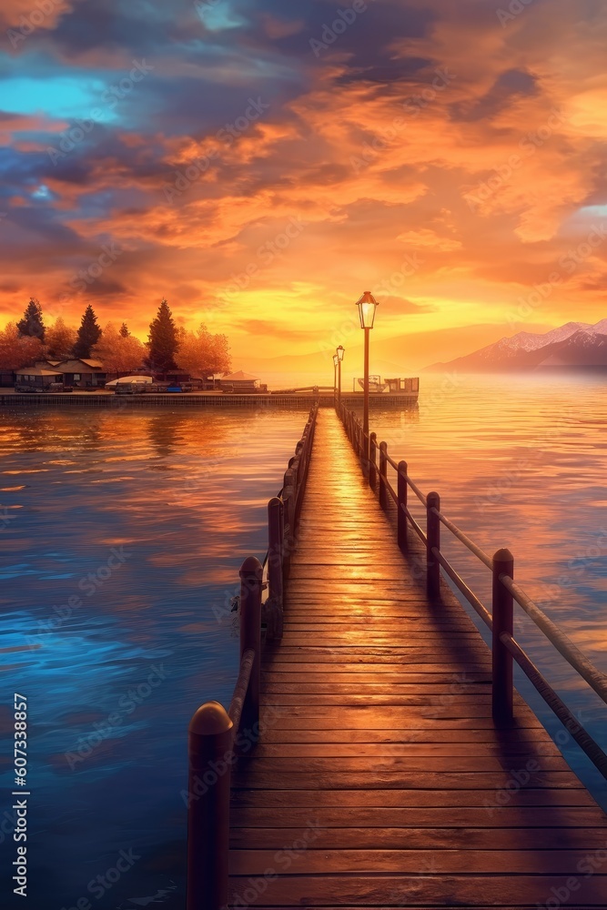 Fototapeta premium Bright sunset over lake Geneva, golden clouds reflect in the water at twilight time. Generative AI