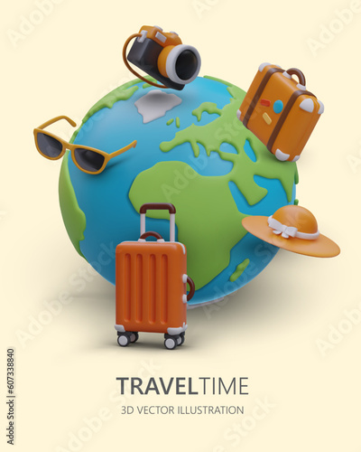 Vertical concept about world travel. Comfortable conditions for tourists. Help with vacation planning. Support in choosing best trip. Advertising offer from agency