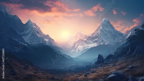 Twilight sky over mount Everest. Travel and camping mountain. Generative AI © tanyastock