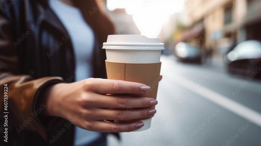 Female hand with paper cup of coffee take away Generative AI Female hand with paper cup of coffee take away Generative AI