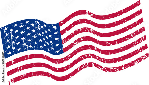 USA Flag, Grunge texture effect, Vector graphics. National waving vector flag of the US. Vector American Flag. Wavy USA Flag on the white background, United States banner
