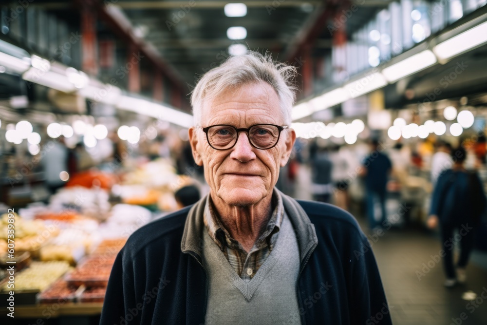 Close-up portrait photography of a glad mature man wearing an elegant long-sleeve shirt against a bustling indoor market background. With generative AI technology Close-up portrait photography of a glad mature man wearing an elegant long-sleeve shirt against a bustling indoor market background. With generative AI technology