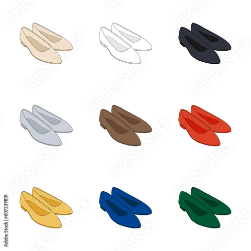 Color ballet flat shoes sketch illustrations on white background