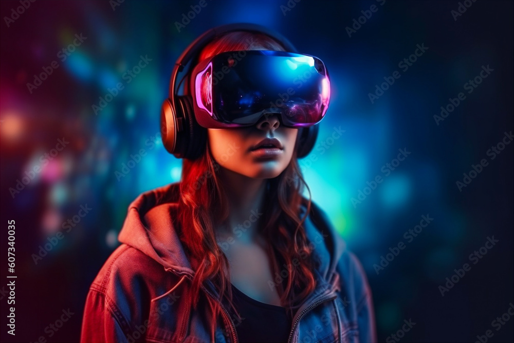 Young girl in VR or AR headset. Futuristic, neon coloured, virtual world background. AI generated Young girl in VR or AR headset. Futuristic, neon coloured, virtual world background. AI generated