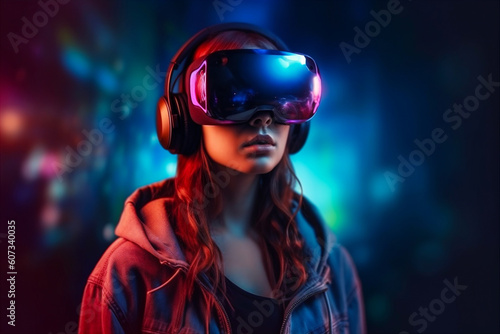 Young girl in VR or AR headset. Futuristic, neon coloured, virtual world background. AI generated © Oksana Kumer