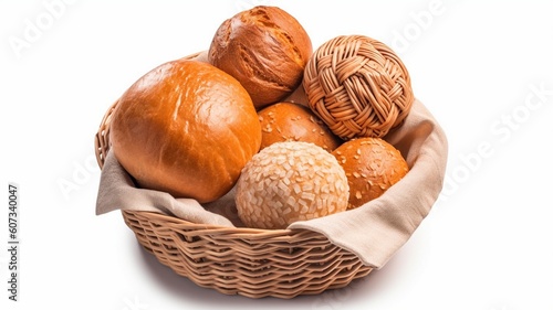 Bread and rolls in wicker basket isolated Generative AI © Dyeru