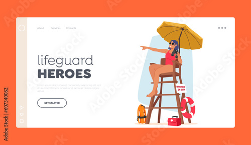 Lifeguard Heroes Landing Page Template. Woman On Tower Equipped With Binoculars, Ensure Safety on Beach or Pool