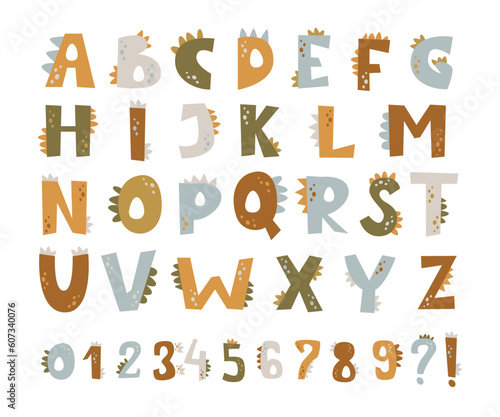 Vector cute letters and numbers in the form of dinosaurs.