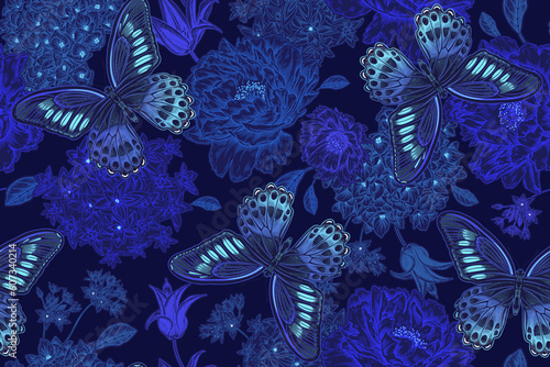 Dark blue seamless background. Flowers and butterflies.