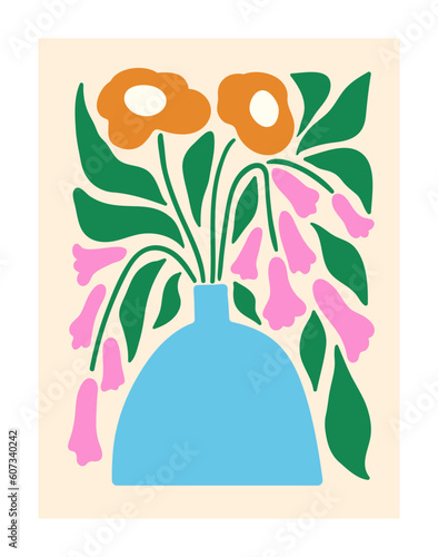 Flower bunch in vase. Botanical card, poster with abstract floral bouquet. Blossomed summer plants, blooms and leaves, nature wall art. Modern trendy wildflowers. Colored flat vector illustration