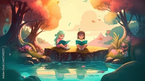 Abstract illustration of children reading in nature. Generative ai.