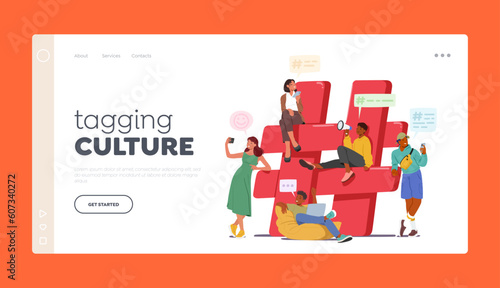 Tagging Culture Landing Page Template. Tiny Characters With Smartphones Gather Near Huge Red Hashtag Sign