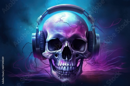 Illustration of an abstract of a human skull with headphones. Generative ai.