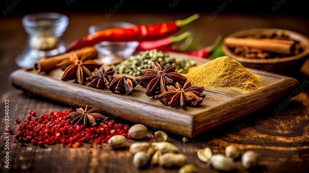 Illustration of a wooden cutting board with a variety of spices and herbs created with Generative AI technology Illustration of a wooden cutting board with a variety of spices and herbs created with Generative AI technology