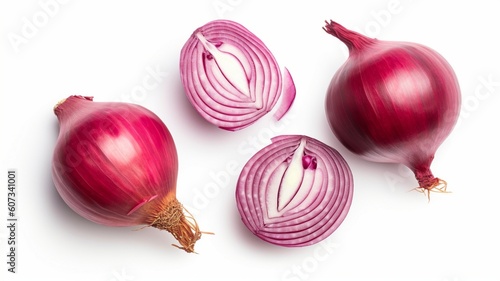 A set of whole and sliced red onion isolated Generative AI