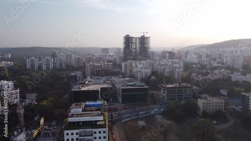 Aerial view of the Baner Pashan suburb of Pune Metro City prominent commercial and residential growth corridor in western Pune with startups coworking spaces and MNCs setting their offices, India photo