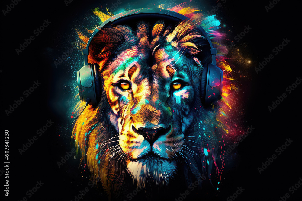 Lion King wearing stylish headphones, perfect for a fun and creative t-shirt design. Ai generated