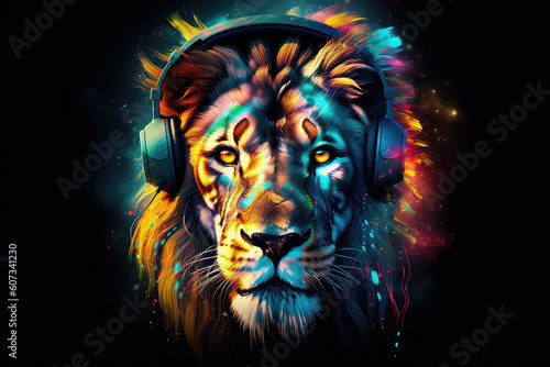 Lion King wearing stylish headphones  perfect for a fun and creative t-shirt design. Ai generated