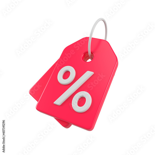 Red discount tag for sales and shopping online. Price percent emblem offer promotion isolated. 3d rendering.
