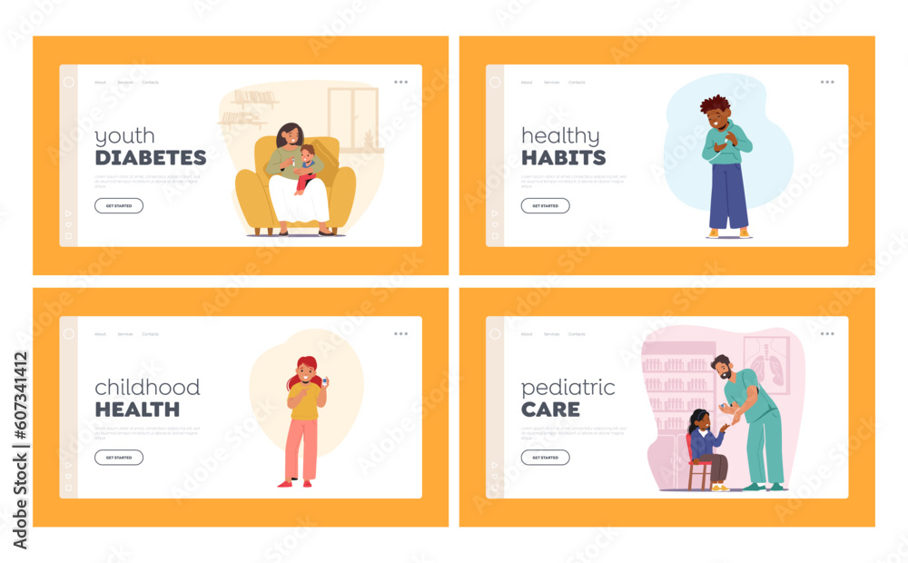 Children with Diabetes Landing Page Template Set. Little Boys and Girls Characters Managing And Monitoring Diabetes Children with Diabetes Landing Page Template Set. Little Boys and Girls Characters Managing And Monitoring Diabetes
