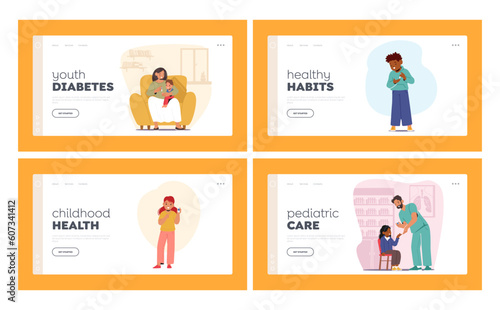 Children with Diabetes Landing Page Template Set. Little Boys and Girls Characters Managing And Monitoring Diabetes