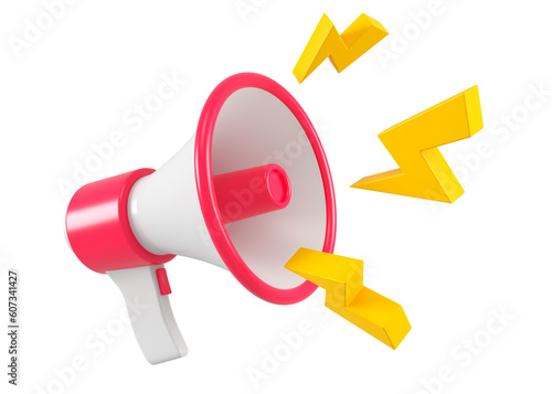 Red megaphone with lightings isolated. Close up breaking news metaphor, disclosure of information concept. 3d rendering.