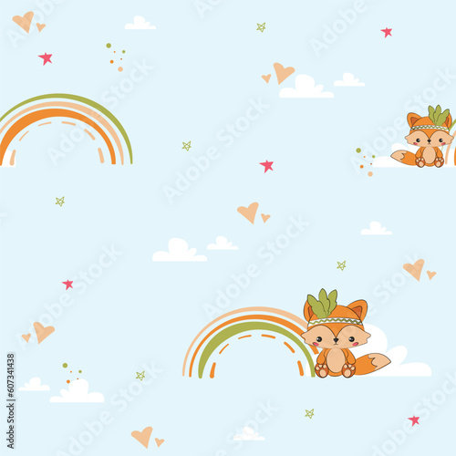 Cute fox charcter with rainbow and hearts cartoon illustration. Woodland animals characters seamless pattern. Nursery kids room wall design. Nursery room wall animals texture with blue sky and clouds