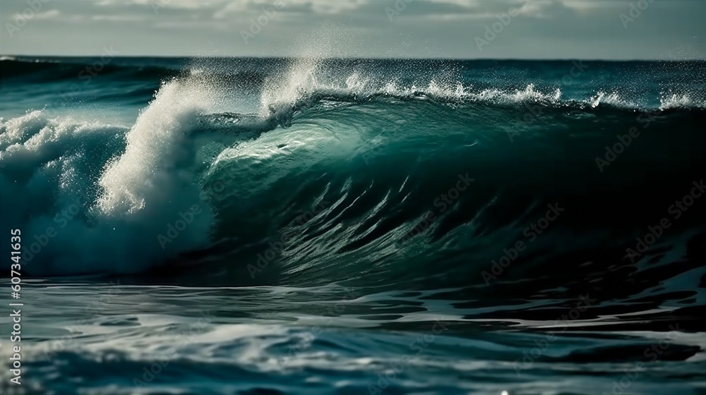 Extremely close look of huge ocean wave. AI generated
