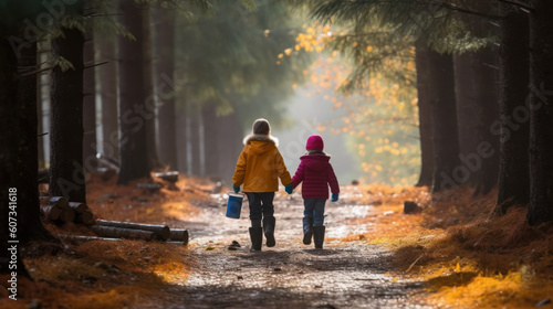 kids walking in forest. active and healthy children. generative ai