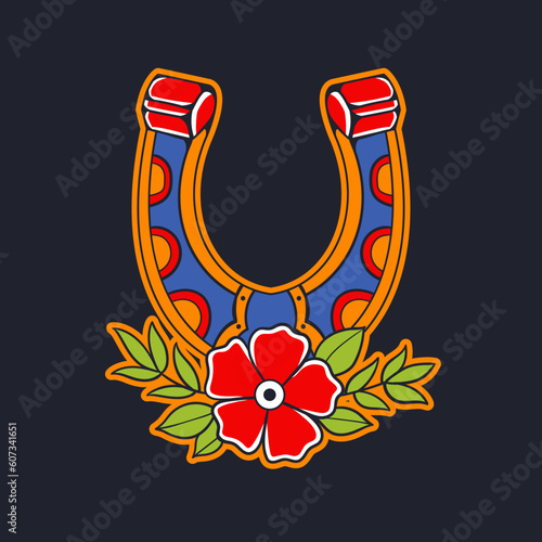 Hand drawn illustration of traditional tattoo horse shoe