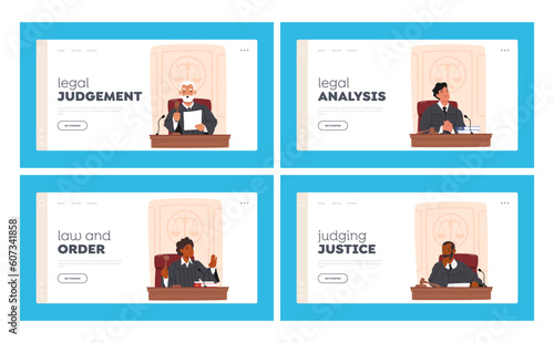 Judges In Court Landing Page Template Set. Legal Authorities Who Interpret Laws, Administer Justice, Make Decisions