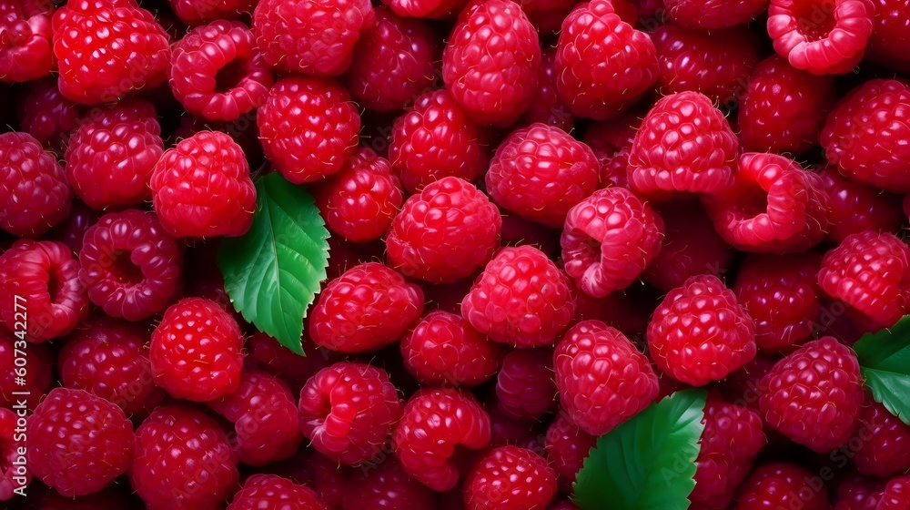 Close up of fresh red raspberries background. Top view. Healthy food concept. Beautiful selection of freshly picked ripe red raspberries. - obrazy, fototapety, plakaty 