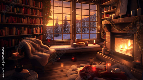A cozy fireplace with a couple snuggled together  reading books and sipping hot cocoa Generative AI