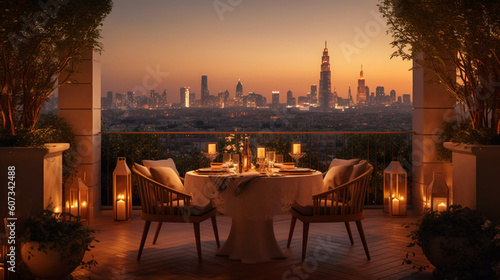A candlelit dinner for two on a rooftop terrace, overlooking a sparkling city skyline Generative AI photo
