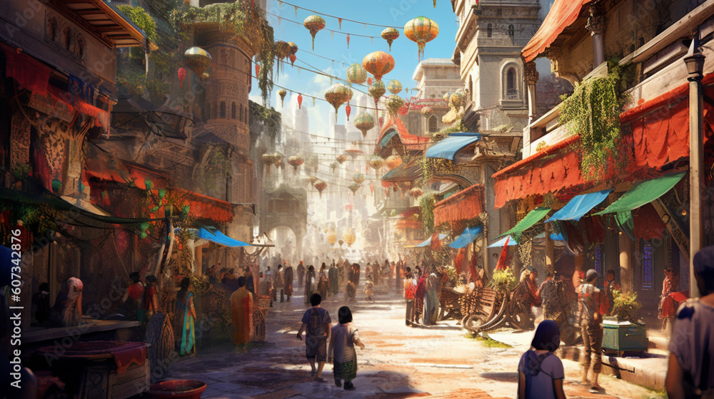 A couple exploring a vibrant marketplace, with colorful stalls and bustling crowds Generative AI