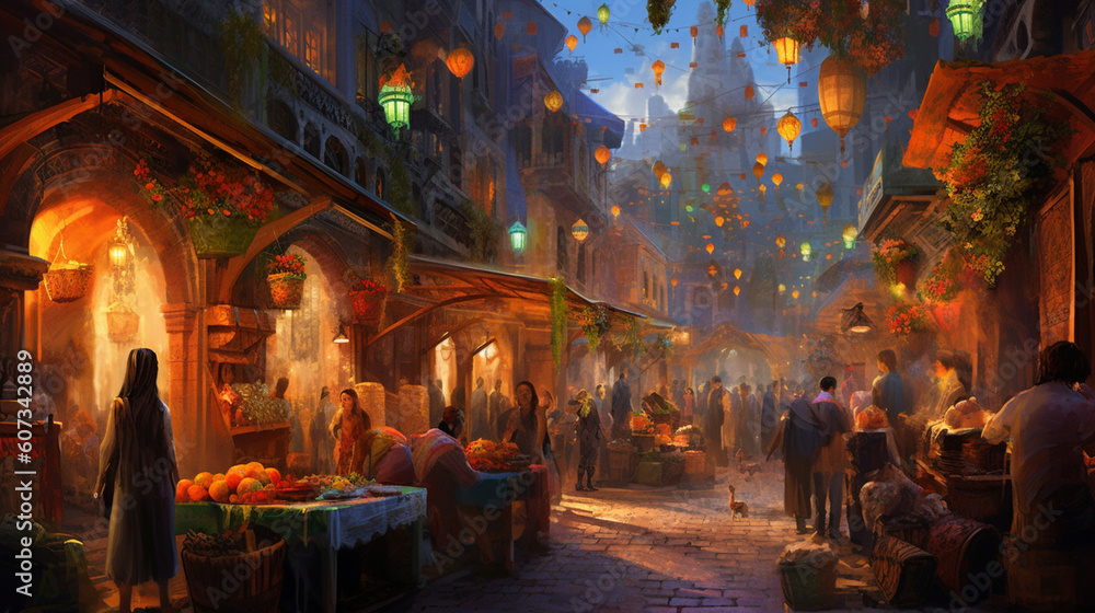A couple exploring a vibrant marketplace, with colorful stalls and bustling crowds Generative AI