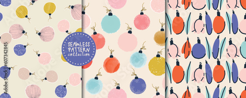 Set with cute Christmas seamless patterns with tree toys in vector. Stylish backgrounds, prints, design